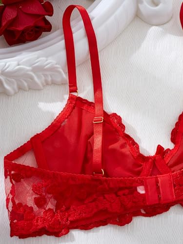 Image of Sexy Floral Embroidered Flower Mesh Underwire Push Up Lingerie Set