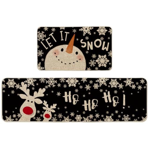 Artoid Mode Snowman Deer Let It Snow Snowflake Christmas Kitchen Mats Set of 2, Winter Decor Low-Profile Kitchen Rugs for Floor - 17x29 and 17x59 Inch