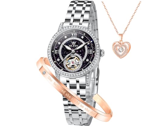 OLEVS Women’s Watch Automatic Diamond Tourbillon Luxury Fashion Stainless Steel Waterproof Luminous Wrist Watches for Ladies Gift Rose Gold/Starry Sky Blue/Silver