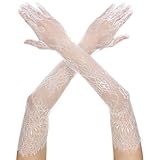CIATBYYJ Elegant Long White Lace Gloves for Women, Floral Mesh Tulle Sheer White Long Lace Gloves, 1920s Length Bridal Wedding Glove For Wedding Engagement Cocktail Cosplay Masquerade