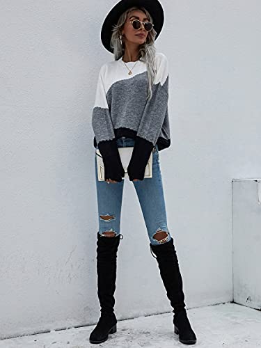 Image of ECOWISH Women Sweater Long Sleeve Color Block Knit Pullover Sweaters Crew Neck Patchwork Casual Loose Jumper Tops
