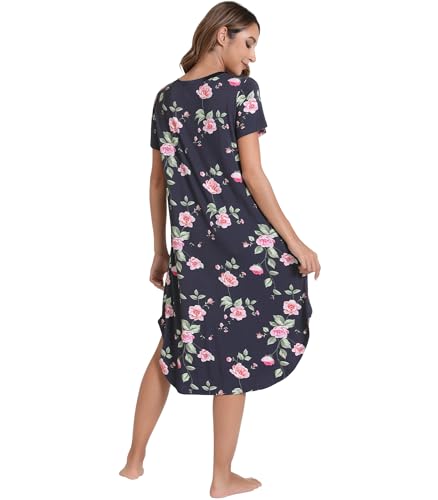 Image of NACHILA Nightgowns for Women-Viscose Made from Bamboo, V Neck Sleepshirts Short Sleeve Sleepwear Cool Nightshirt