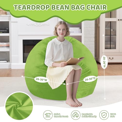 2FT Bean Bag Chair, Comfy Bean Bag Chairs with Memory Foam Filled, Fluffy Beanbag Sofa with Dutch Velvet Cover, Teardrop BeanBag Chairs for Living Room, Playroom - Lime