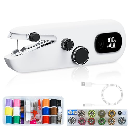 Máquina de coser a mano, mini máquina de coser eléctrica con tres velocidades, con indicador LED, adecuada para bricolaje, ropa, cortinas, máquinas de coser a mano para principiantes