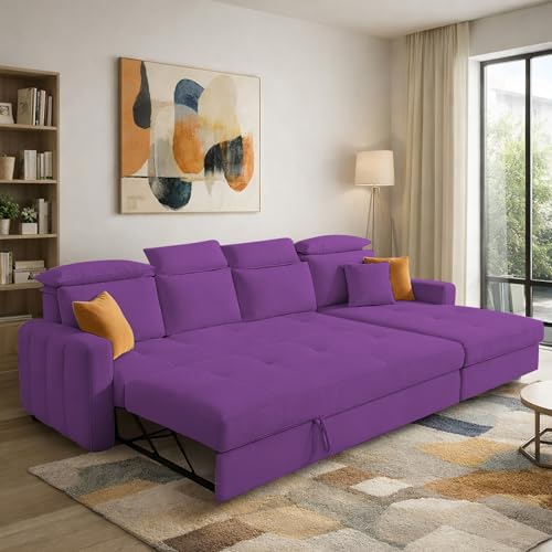 Image of Casaliving Gagnon RHS 6 Seater L Shape Corner Sofa Cum Bed for Living Room (Purple Fabric) Premium Fabric Sofa