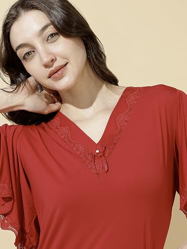 Image of 9shines Label Stylish Soft Modal Maxi Nighty | Honeymoon Nighty | Full Length Trendy Nightgown | V-Neck Lace | Premium Nightdress | Soft Long Nightdress | Maxi Gown Nightwear for Women (Malai Satin)
