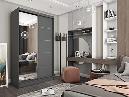 WFL GROUP Moderner Kleiderschrank Schwebetürenschrank Grau mit Spiegel 120 150 180 200 cm - Graphit Matt Kleiderschrank für Schlafzimmer mit Schiebetüren - Kleiderstange - 120 cm - Grau Cover