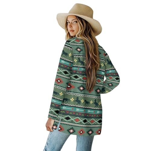 Image of Women's Aztec Open-Front Jacket Lightweight Casual Outerwear Native Western Aztec Pattern & Plaid Houndstooth Print
