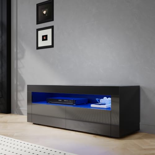 SIRHONA Meuble TV Noir, Meuble Tele avec LED, Éclairage LED RGB avec Couleur réglable, 2 Placards avec Portes, 120x40x45cm, Convient pour Salon ou Chambre
