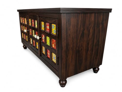 Image of Sheesham Wood TV Unit Cabinet with Handcrafted Ceramic Tile Doors | Dark Walnut Finish | 3 Door TV Console Entertainment Center | Storage Cabinet for Living Room (57 x 18 x 23 Inches)