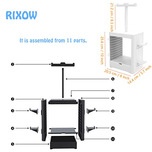 RIXOW Soporte Multifuncional de Almacenamiento de Juegos, Rack de Almacenamiento en Disco de 10 Juegos con Cajón, Soporte para Controlador Auricular Compatible con PS5 PS4 Xbox Series, Gris Claro