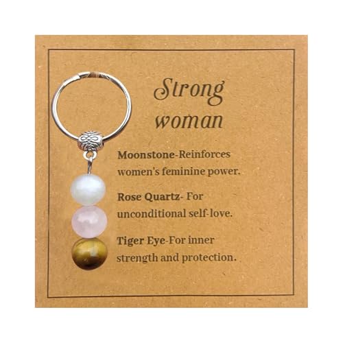Ethlomoer New Job Gifts for Women - Crystal Gifts Keyrings for Women Moonstone, Healing & Strength Gifts for New Beginnings, Hand Woven Bracelet Keychain Set, Strong Woman Three Bead Combo
