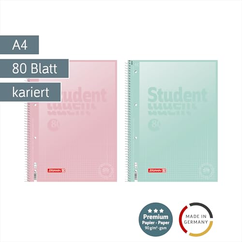 BRUNNEN Collegeblock Premium Student „Pastell“ | A4, Lineatur 28, 80 Blatt, sortiert