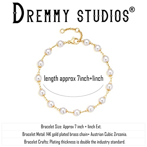 Dremmy Studios Danity Gold Pearl Bracelet For Women, 14K Gold Plated Simple Cute Pearl Beads Link Chain Bracelets Minimalist Jewelry Birthday Gifts For Women Girls #TOP2
