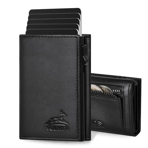 Fa.Volmer ® POP-UP Kartenetui mit Münzfach aus Echtleder für Herren & Damen | 11 Karten | RFID Schutz | Geldbörse (Black, Kleines Münzfach)