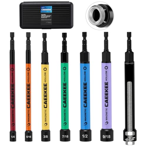 CaeeKee 6PCS Magnetic Hollow Power Nut Driver Set, SAE(1-4 - 9-16), Color Coded, Hex Sizes, Cr-V, 6-Inch Extended Reach Hollow Nut Driver