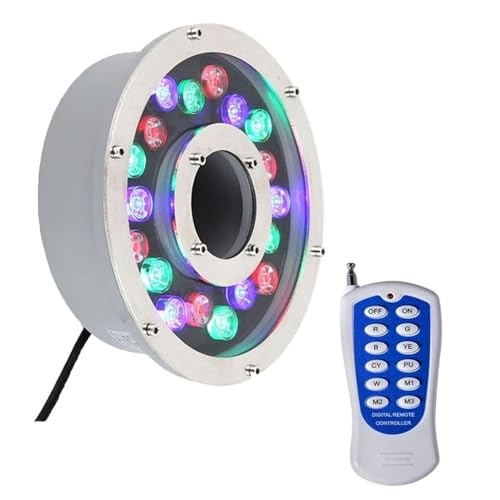 GUODDM Faretto Subacquei - Faretti Piscina, Lampada per Giochi d'Acqua RGB 12/24 V, Illuminazione per Laghetto con Foro Centrale Ad Anello Impermeabile IP68(18W(24V))