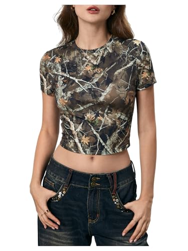 Women's Y2k Camo Maple Leaf Print Crop T Shirts Crew Neck Short Sleeve Slim Fit Tops Grunge Going Out3