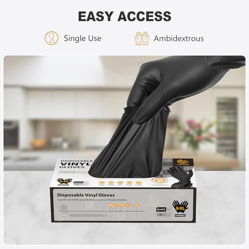SWIFTLITE Black Vinyl Gloves, Food Grade Gloves Disposable Latex Free & Powder Free, Guantes for Cleaning Cooking Food Prep (100, Medium)