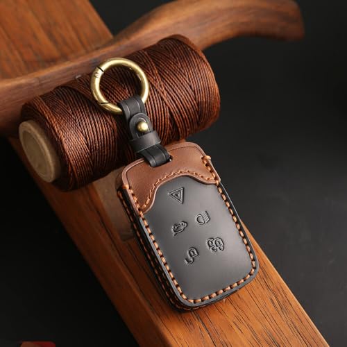 Image of Keyzone Dual Leather Key Cover for Range Rover: Sport, Evoque, Velar, Discovery, Defender (2018, 2019, 2020, 2021) 5 Button Smart Key (Black-Brown)