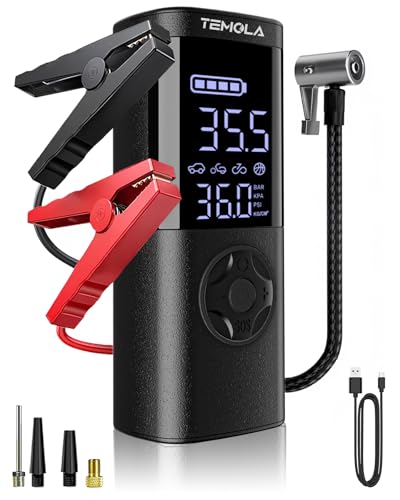 Image of TEMOLA Portable Car Jump Starter with Air Compressor, 150PSI Car Battery Jump Starter, 12V Battery Jumper Starter Portable, Tire Inflator with LCD Display & LED Light for Gas and Diesel Vehicles