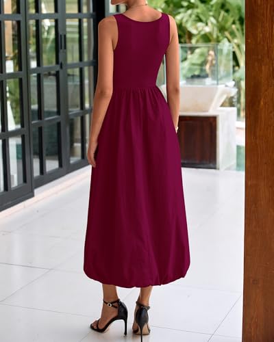 BTFBM Women's 2025 Summer Casual Sleeveless Midi Dress Patchwork Knit Tank Bubble Long Flowy Beach Maxi Sundress Pockets