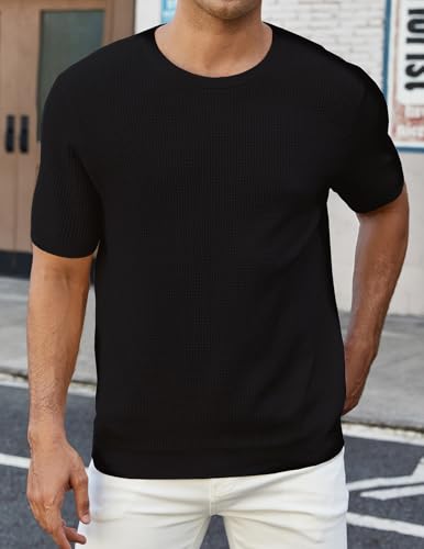 Mens Casual Knit T Shirt, Short Sleeve Waffle Shirts, Crewneck Summer Sweater T-Shirt3