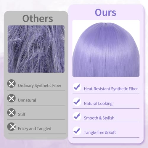 kuttolee Light Purple Bob Wig Short Bob Wigs Straight Hair with Bangs for Women Girl Men, Colorful Funny Cosplay Daily Party Neon Wig Synthetic Natural As Real Hair Carnival Halloween Costume — view 6