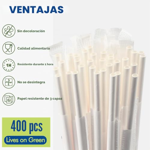 Miniatura 4 de Paquete De 400 Pajitas De Papel Desechables Blancas Empaquetadas Individualmente, 19,7 X 0,6 Cm, 100 Biodegradables