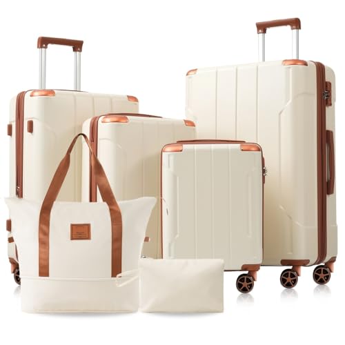 Hardshell Luggage Sets 6 Piece Suitcase Set, with Dual Wheels, TSA Lock for Men Women, White Brown (Brown white)