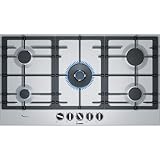 Bosch PCR9A5B90 Serie 6, Piano cottura a gas, FlameSelect: regolazione con nove livelli di potenza predefiniti, WOK, griglie in ghisa, Acciaio, 90 cm