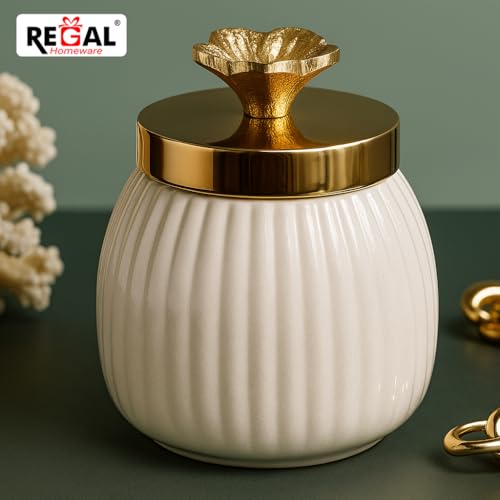 Image of Premium Metal Decorative Jar with Golden Brass Knob | Elegant Tabletop Storage Jar for Kitchen & Home Decor | 4 Inch Wide | Luxury Modern Design (White & Gold)