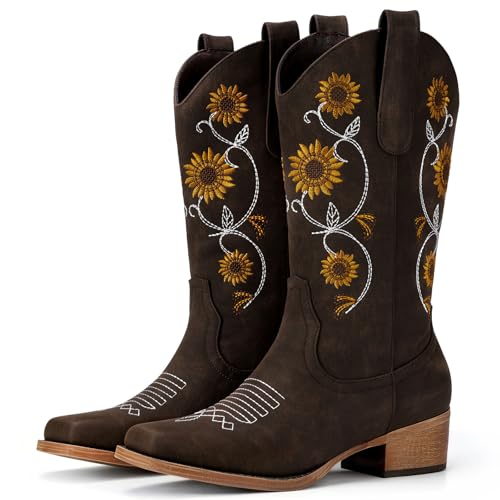 Image of Cowboy Boots for Women - Mid Calf Western Sunflower Cowgirl Boots with Floral Embroidery, Square Toe Stitched Pull On Retro Design, Perfect for Country Idyll, Concerts and More