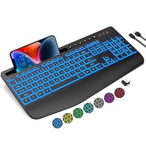 Trueque Wireless Keyboard with 7 Colored Backlits, Wrist Rest, Phone Holder, Rechargeable Ergonomic Keyboard with Silent Light Up Keys, Cordless Computer Keyboard for Windows, Mac, Laptop