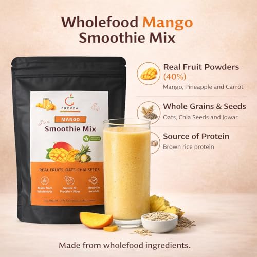 Image of Crevea Mango Smoothie Mix: 7-8 Serves | Natural Fruit Powder, Oats, Chia Seeds | Added Protein & Fiber | No Preservatives | No Refined Sugar - Healthy Drink | Instant Smoothie Maker - 210g