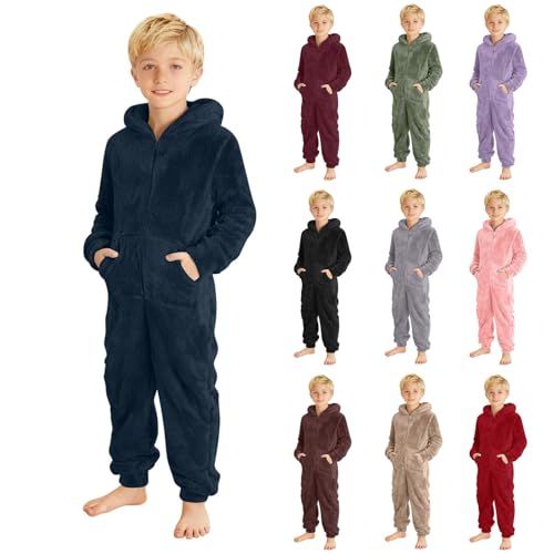 Fleece Onesie for Kids Boys - Soft Fluffy Warm Pyjamas, Cozy Fuzzy Hooded Zip Up Jumpsuit, Pjs Sleepsuits, Flannel Loungewear Nightwear, One Piece Playsuits, Pockets, Homewear, Children 4-14 Years - Image 5