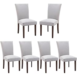 COLAMY Upholstered Parsons Dining Chairs Set of 6, Fabric Dining Room Kitchen Side Chair with Nailhead Trim and Wood Legs - Light Grey