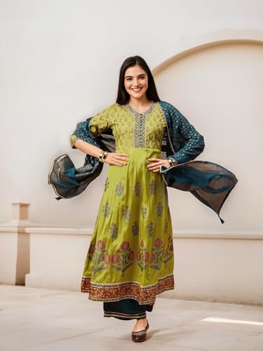 Image of ishin Floral printed a-line kurta with pants and dupatta