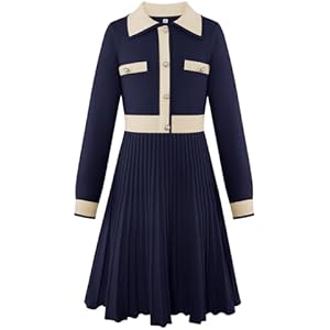 Seanrui Girls Sweater Dresses Long Sleeve Knit Button Front Casual Fall Winter Dress for Teen 5-14 Years Navy Blue 9-10 Years