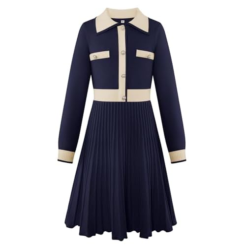 Seanrui Girls Sweater Dresses Long Sleeve Knit Button Front Casual Fall Winter Dress for Teen 5-14 Years Navy Blue 8 Years