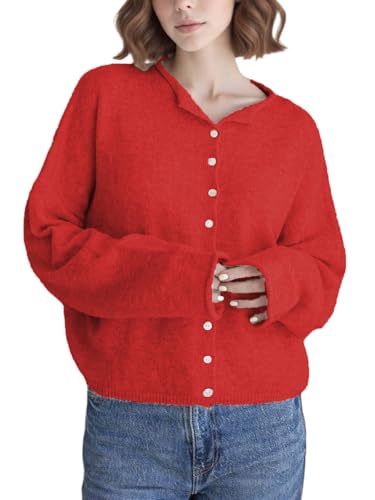 Image of Women Lightweight Cardigan Sweater Button Down Long Sleeve Crewneck Crop Knit Cardigans Casual Basic Knitwear(Red,M)