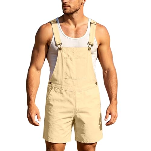 Image of Dungarees Short Men's Overalls Short Dungarees Loose Work Trousers Men's Jumpsuit with Pockets Streetwear Adjustable Straps Overalls Cargo Shorts Loose Trouser Suit Y2K Work Dungarees, O Beige, XXL