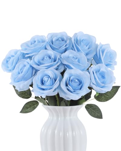 LFF 10Pcs Baby Blue Silk Roses Artificial Flowers for Home Wedding Decor