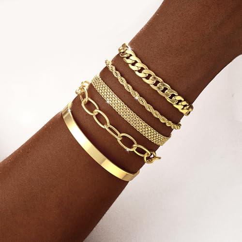 Chunky Gold Bracelets for Women Non Tarnish 14k Gold Plated Womens Gold Bracelet Stack Layered Cuban Rope Mesh Paperclip Cuff Bracelets Waterproof Jewelry Gifts2