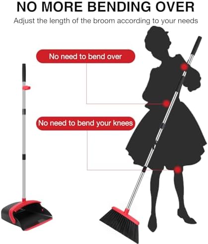 Broom and Dustpan Set, 52-in Long Adjustable Handle Broom Dustpan Combo with Dustpan Teeth to Automatically Clean Hair Suitable for Home Kitchen Office Hall Floor(Black&Red) - 2