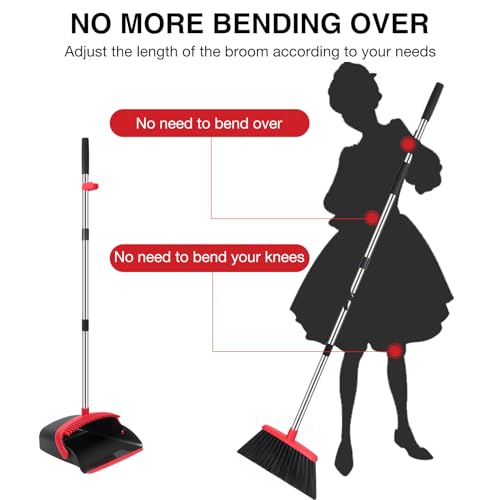 NACENA Broom and Dustpan Set, 52-in Long Adjustable Handle Broom Dustpan Combo with Dustpan Teeth to Automatically Clean Hair Suitable for Home Kitchen Office Hall Floor（Black&Red） - Thumbnail 3