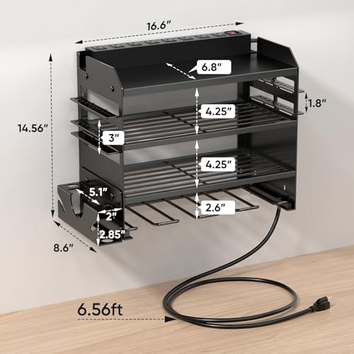 Image of POKIPO Power Tool Organizer Wall Mount with Charging Station,Tool Storage Rack with 8 Outlet Power Strip,Heavy Duty Metal Battery Utility Rack with 4 Cordless Drill Holder 6.56 Ft Cord for Garage