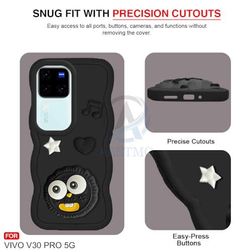 Image of AESTMO Back Case Cover for Vivo V30 / V30 Pro 5G | 3D Cute Fun Cartoon Characters | Anti Slip Grip Cute Wave Curly Frame Shape | Full Body Protection Back Cover for Vivo V30 / V30 Pro 5G (Black)