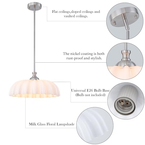 Image of 16 inch Milk Glass Pendant Light Vintage Flower Modern Brushed Nickel Chandelier
