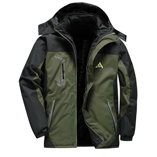 Mens Waterproof Jackets with Detachable Hood Fleece Windproof Rain Jacket Color Blocked Hooded Raincoat Thick Warm Winter Outdoor Sportswear Camping Hiking Ski Jackets Plus Size